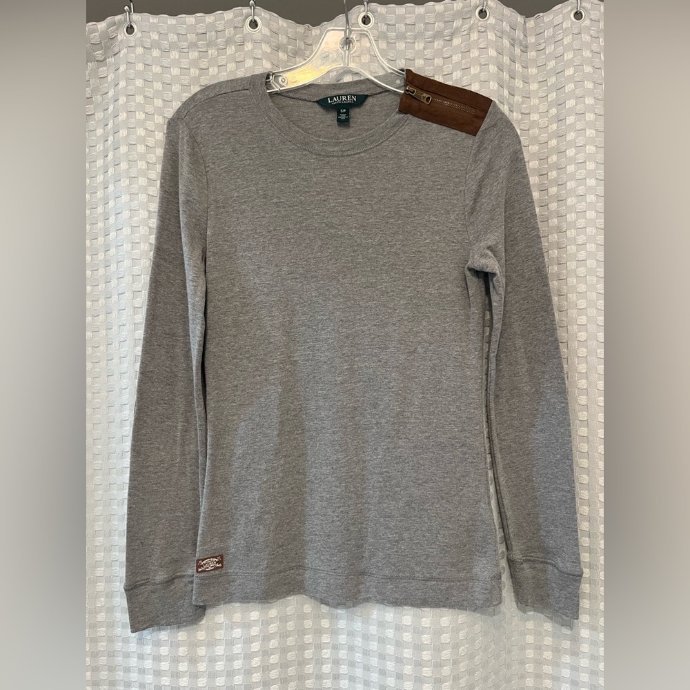 Ralph Lauren Gray Crewneck Sweater with Brown Shoulder Patch